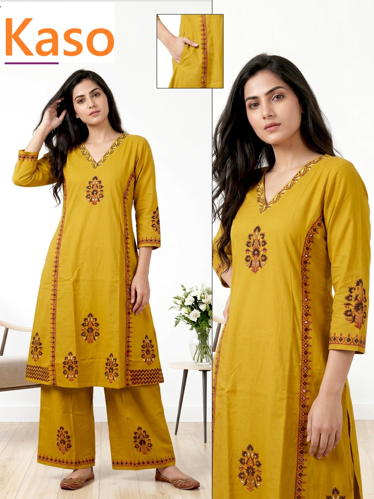 V-Neckline 0605 Kaso Dhabu Cotton Kurti Plazzo Set Exporter Gujarat