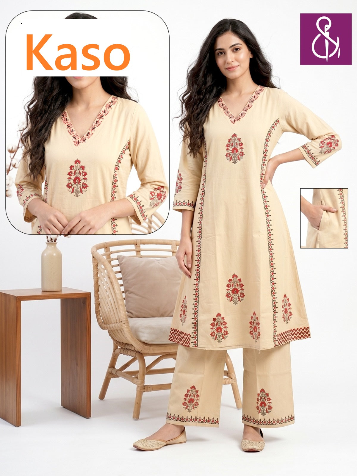 V-Neckline 0605 Kaso Dhabu Cotton Kurti Plazzo Set Exporter Gujarat