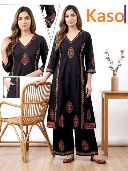 V-Neckline 0605 Kaso Dhabu Cotton Kurti Plazzo Set Exporter Gujarat