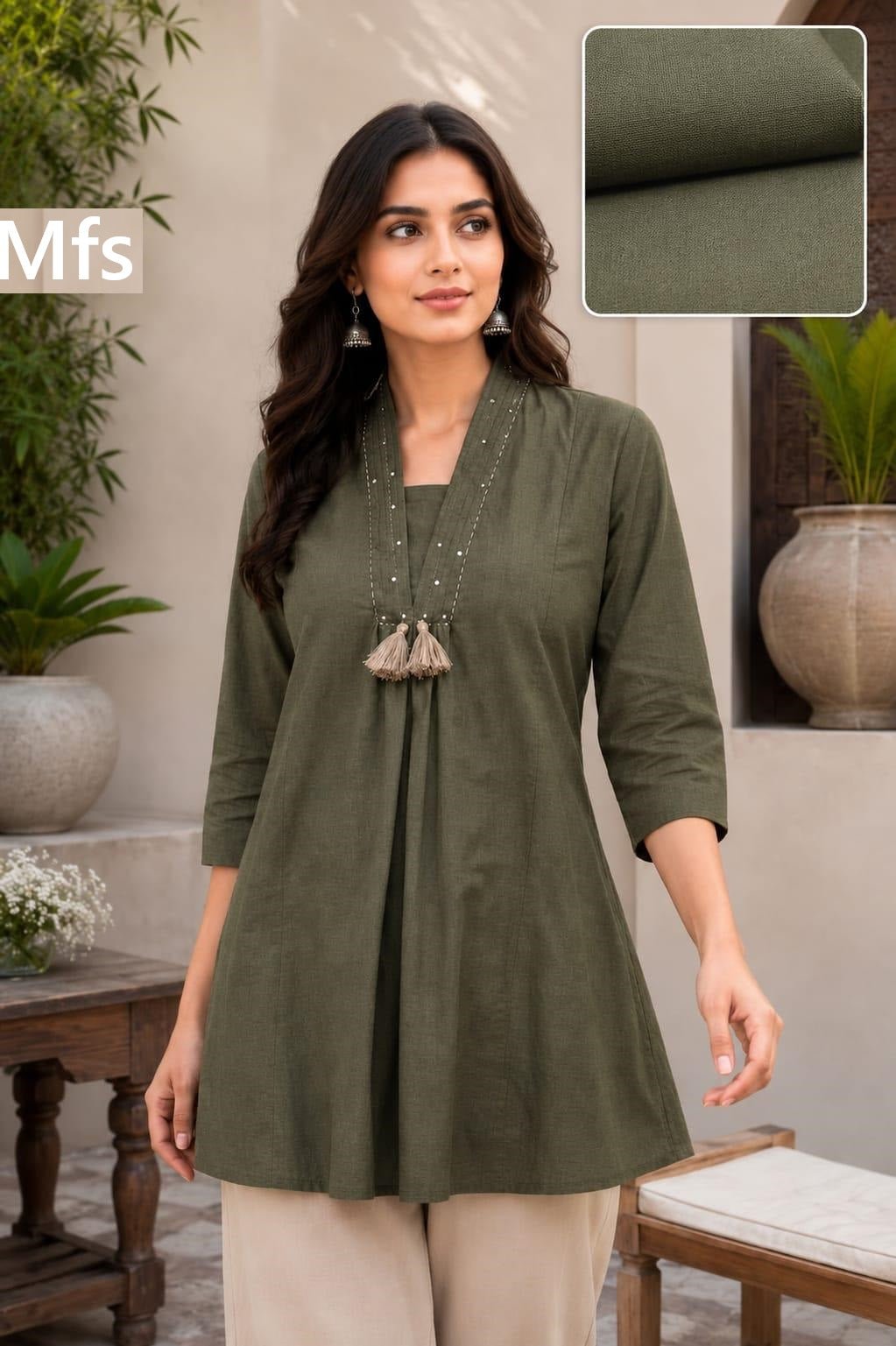 V-Neckline Tassel Tie Mfs Cotton Designer Long Top Wholesaler Ahmedabad