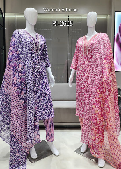 V Cut Neck 050425 Women Ethnics Readymade Cotton Pant Suits Exporter Ahmedabad