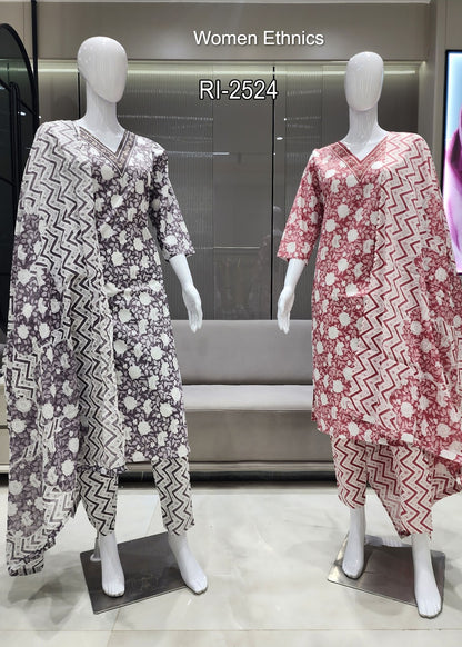 V Cut Neck 050425 Women Ethnics Readymade Cotton Pant Suits Exporter Ahmedabad