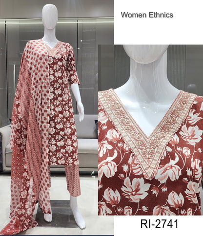 V Cut Neck 050425 Women Ethnics Readymade Cotton Pant Suits Exporter Ahmedabad