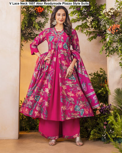 V Lace Neck 1607 Aksr Vatican Silk Readymade Plazzo Style Suits Wholesale Price