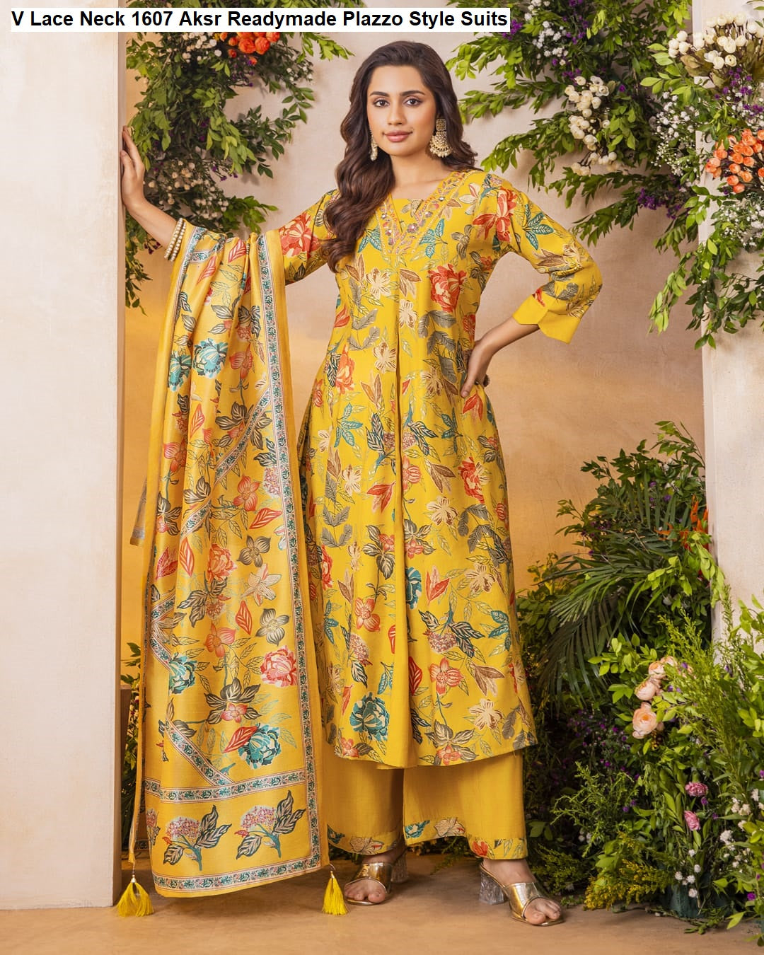 V Lace Neck 1607 Aksr Vatican Silk Readymade Plazzo Style Suits Wholesale Price