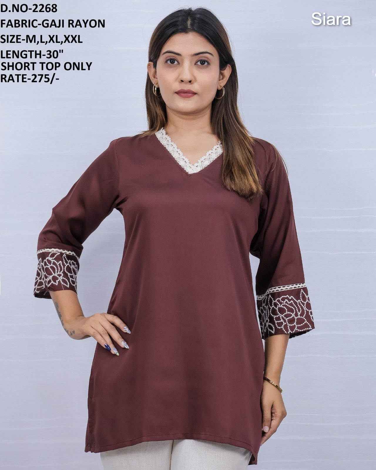V Lace Neck Siara Rayon Short Kurtis Manufacturer Ahmedabad