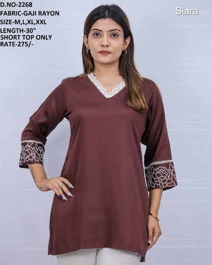 V Lace Neck Siara Rayon Short Kurtis Manufacturer Ahmedabad