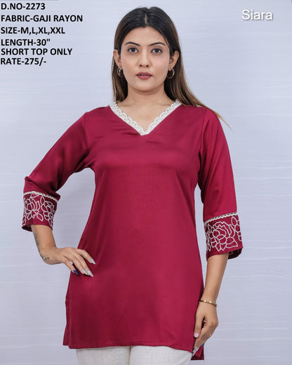 V Lace Neck Siara Rayon Short Kurtis Manufacturer Ahmedabad
