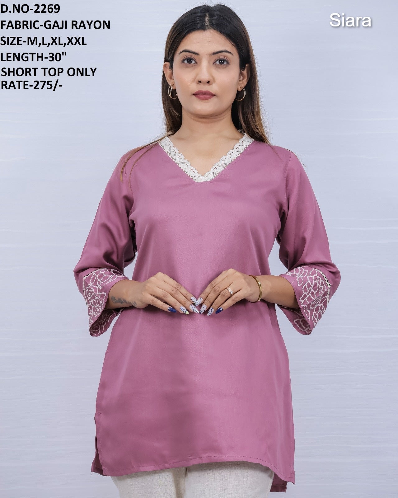 V Lace Neck Siara Rayon Short Kurtis Manufacturer Ahmedabad