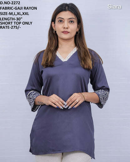 V Lace Neck Siara Rayon Short Kurtis Manufacturer Ahmedabad