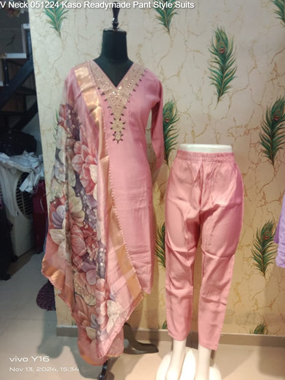 V Neck 051224 Kaso Roman Silk Readymade Pant Style Suits Supplier India