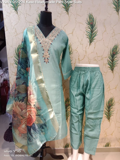 V Neck 051224 Kaso Roman Silk Readymade Pant Style Suits Supplier India