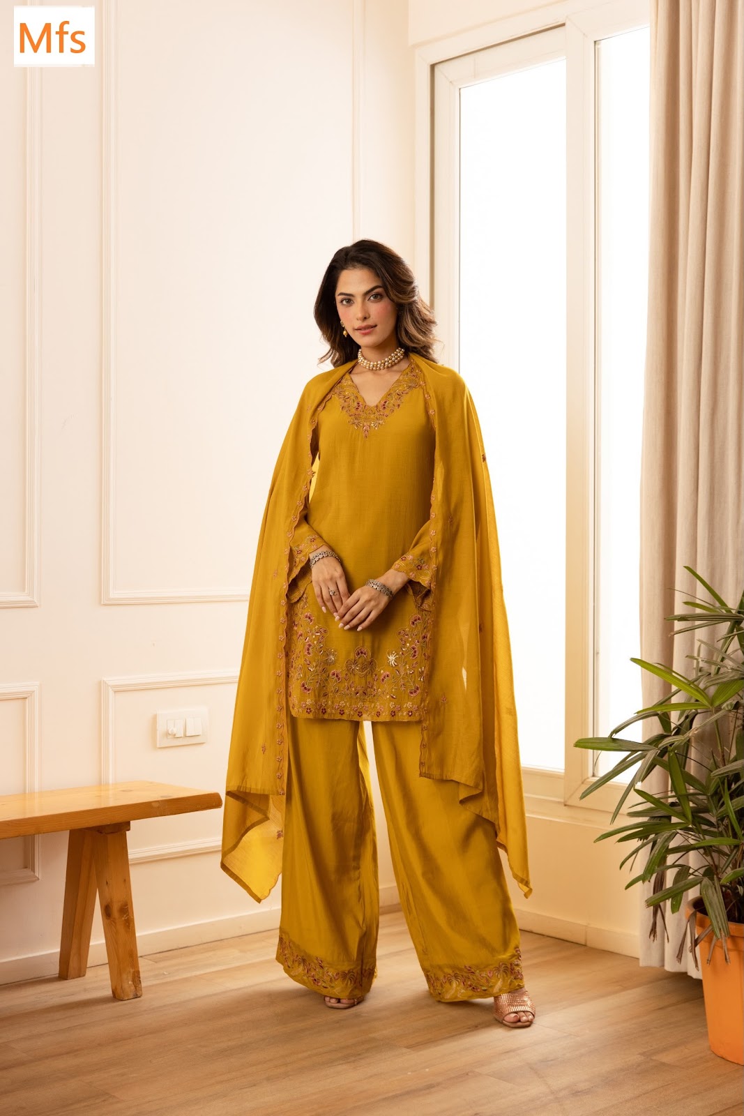 V Neck 121026 Mfs Chanderi Readymade Suits Wholesale Rate