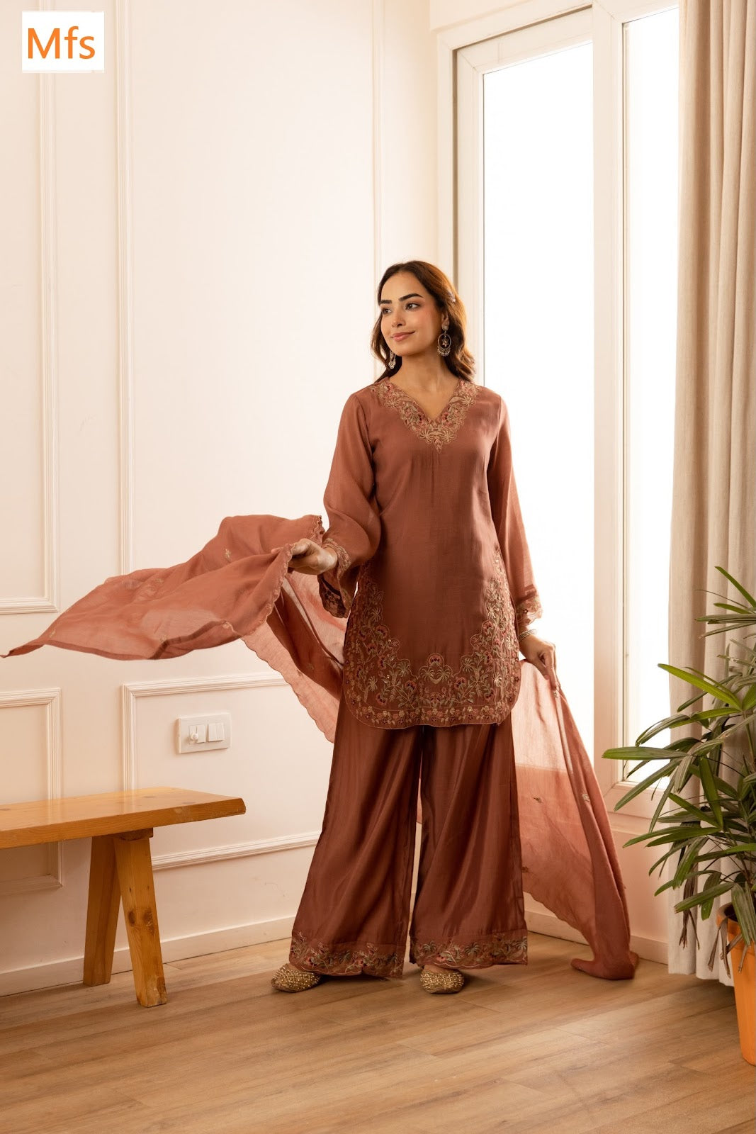 V Neck 121026 Mfs Chanderi Readymade Suits Wholesale Rate