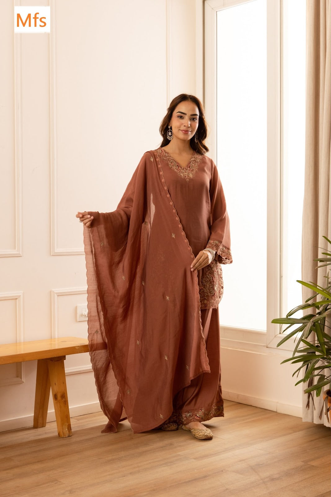 V Neck 121026 Mfs Chanderi Readymade Suits Wholesale Rate