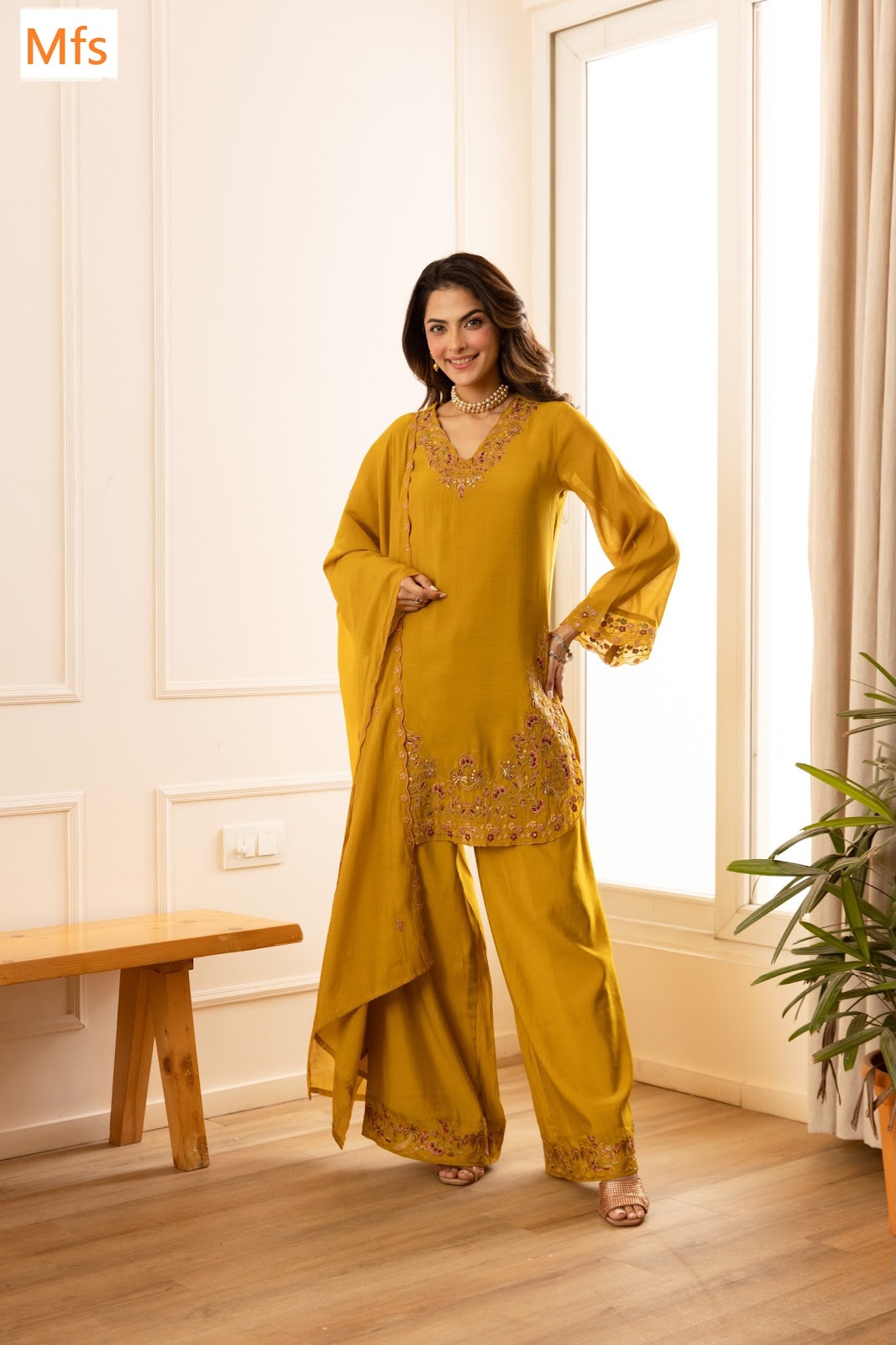 V Neck 121026 Mfs Chanderi Readymade Suits Wholesale Rate