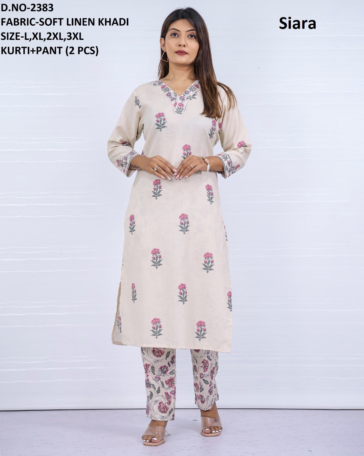 V Neck 18 Siara Linen Kurti Pant Set Supplier India