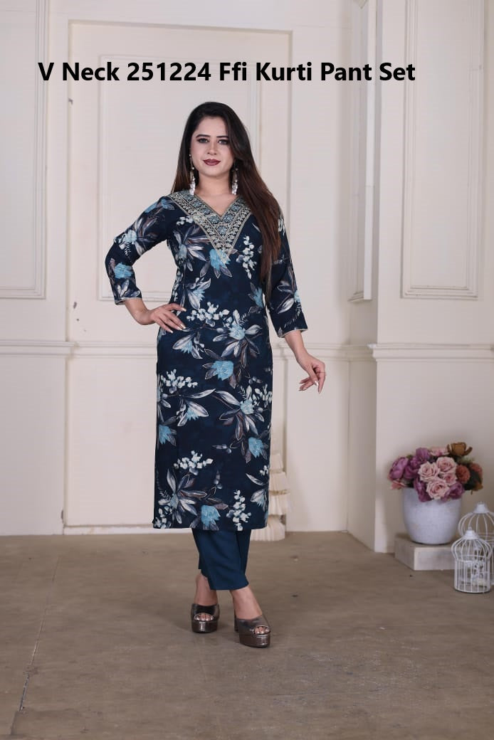 V Neck 251224 Ffi Heavy Rayon Kurti Pant Set Exporter