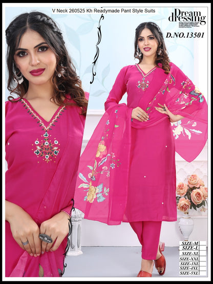 V Neck 260525 Kh Roman Silk Readymade Pant Style Suits Wholesaler Ahmedabad