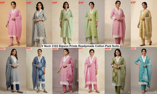 V Neck 3103 Bipson Prints Readymade Cotton Pant Suits Supplier Gujarat