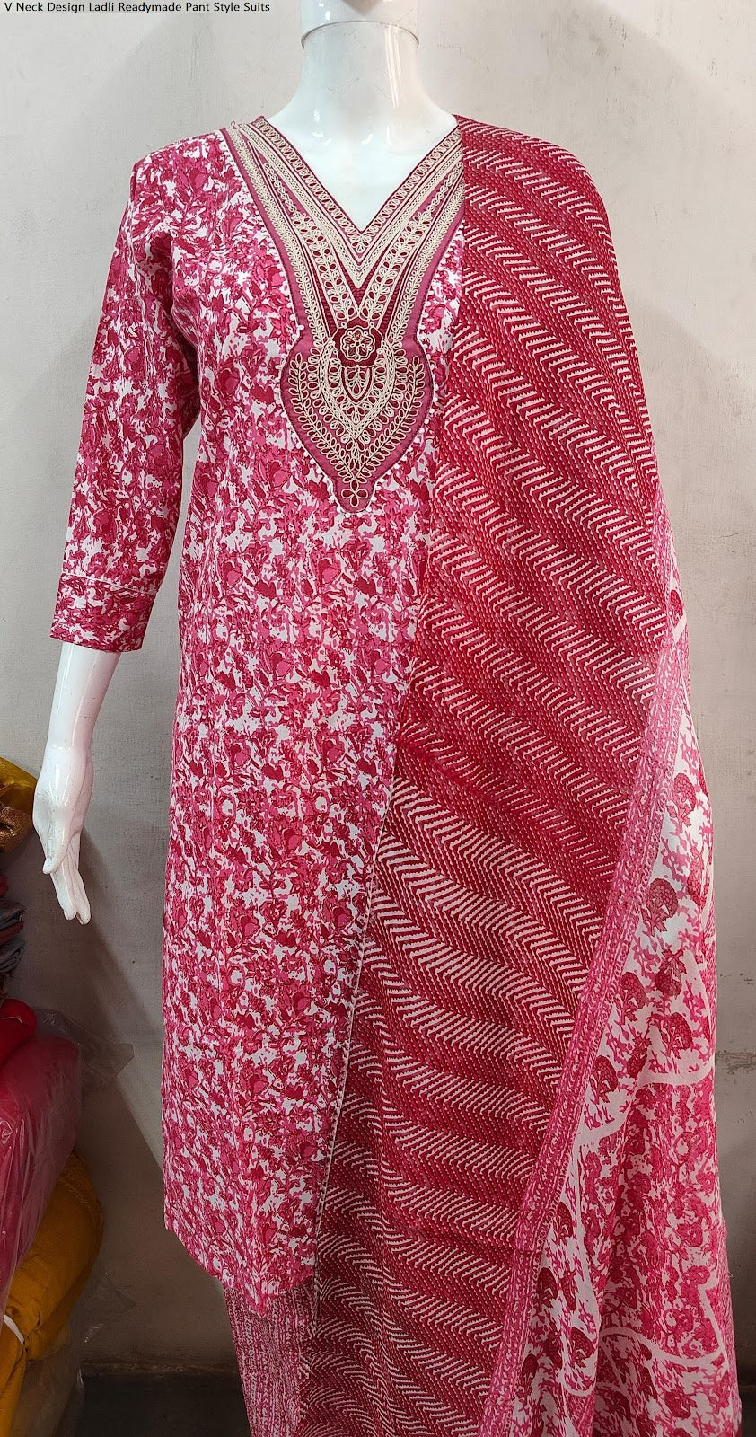 V Neck Design Ladli Cotton Cambric Readymade Pant Style Suits Supplier India