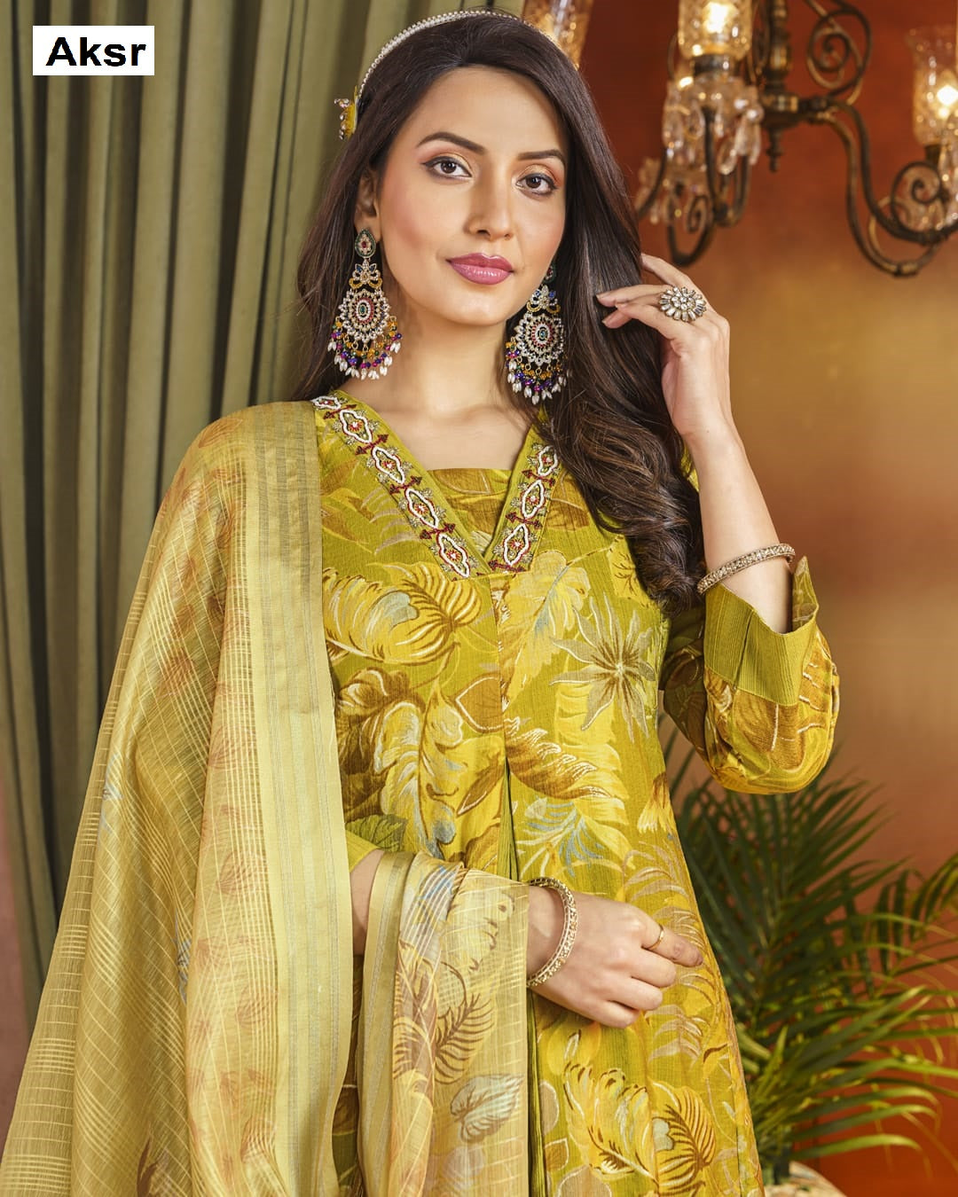 V Neck Lace Aksr Vatican Silk Readymade Plazzo Style Suits Exporter India