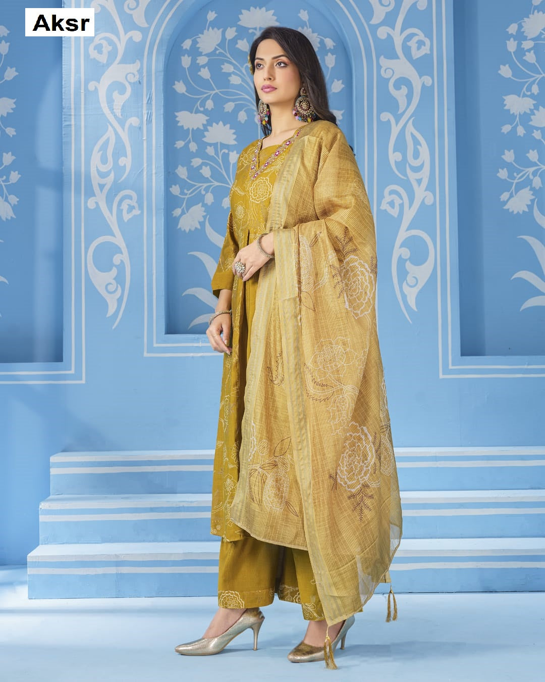 V Neck Lace Aksr Vatican Silk Readymade Plazzo Style Suits Exporter India