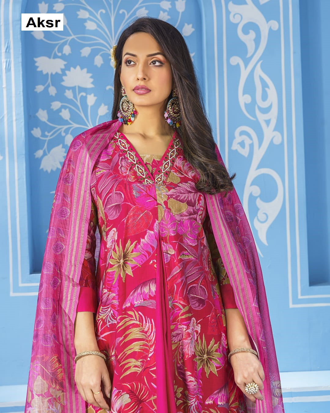 V Neck Lace Aksr Vatican Silk Readymade Plazzo Style Suits Exporter India