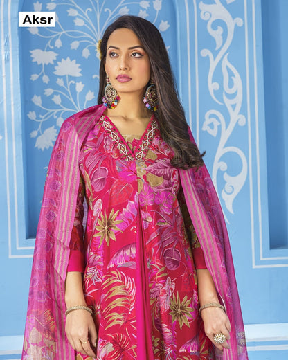 V Neck Lace Aksr Vatican Silk Readymade Plazzo Style Suits Exporter India