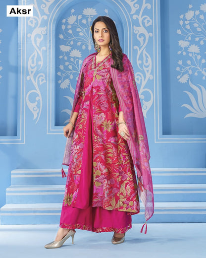 V Neck Lace Aksr Vatican Silk Readymade Plazzo Style Suits Exporter India