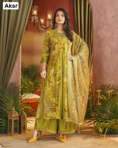 V Neck Lace Aksr Vatican Silk Readymade Plazzo Style Suits Exporter India