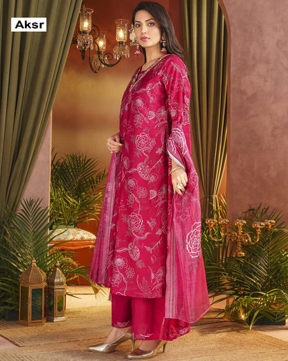 V Neck Lace Aksr Vatican Silk Readymade Plazzo Style Suits Exporter India