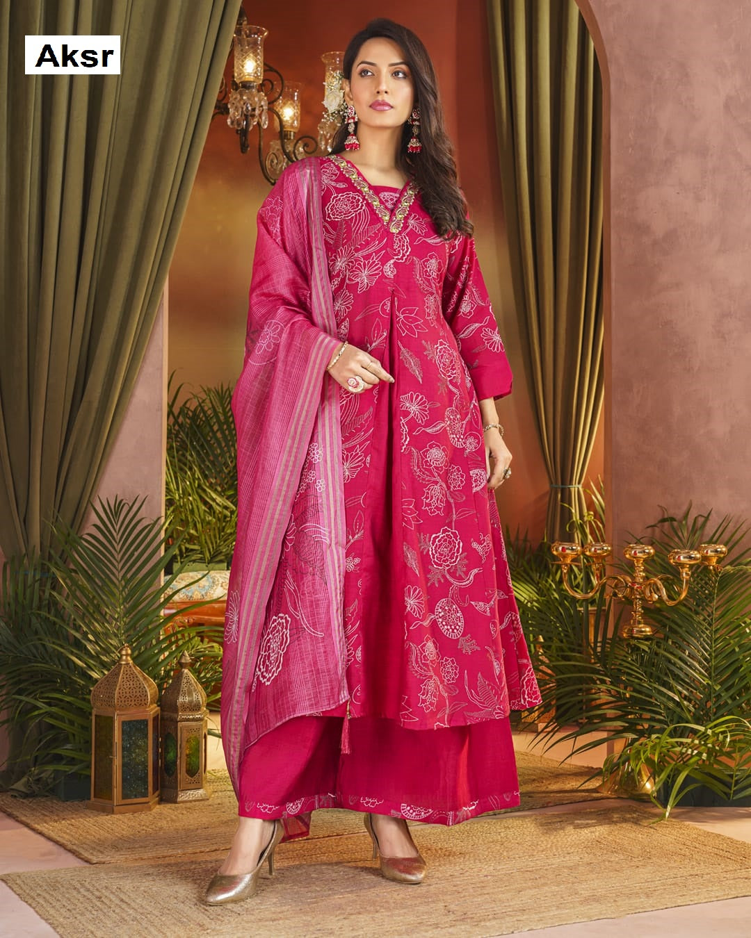 V Neck Lace Aksr Vatican Silk Readymade Plazzo Style Suits Exporter India