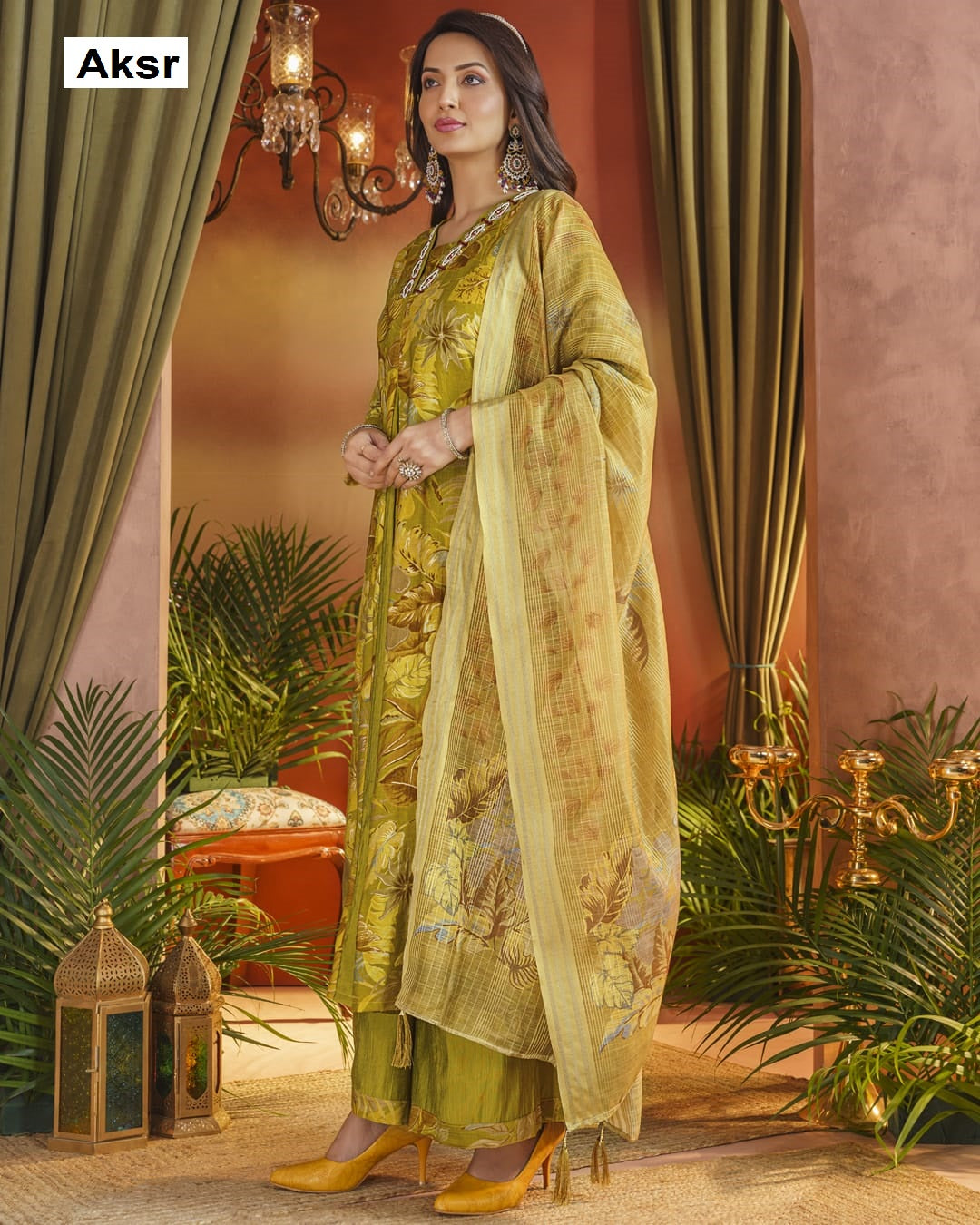 V Neck Lace Aksr Vatican Silk Readymade Plazzo Style Suits Exporter India