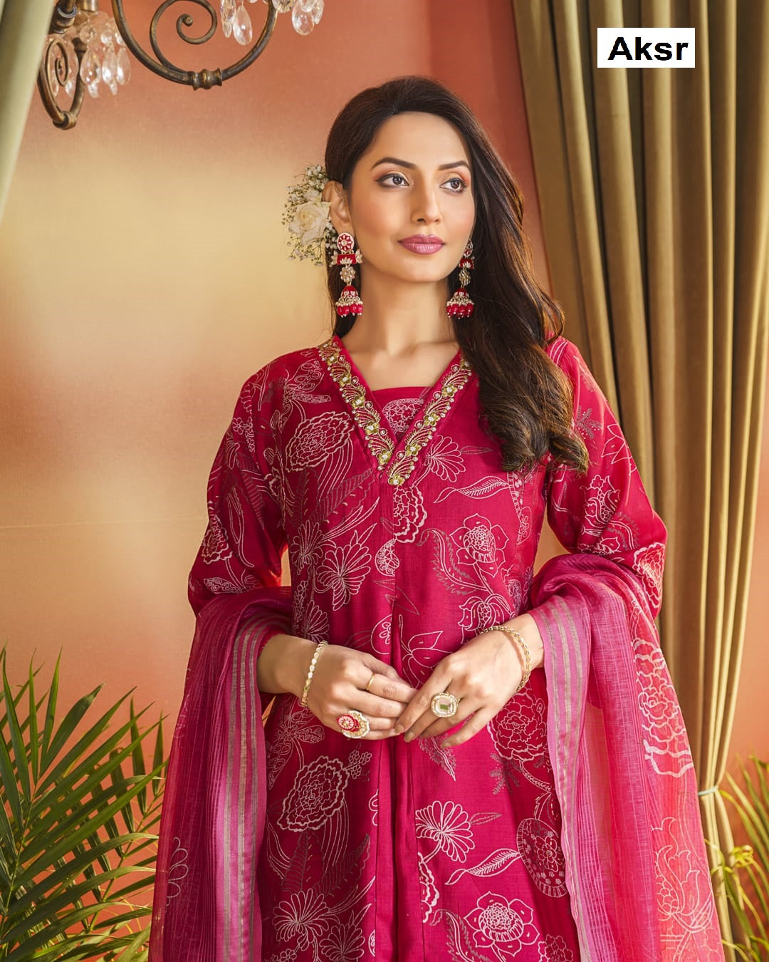 V Neck Lace Aksr Vatican Silk Readymade Plazzo Style Suits Exporter India