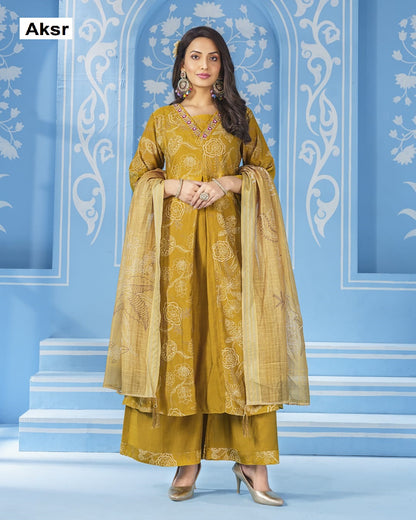 V Neck Lace Aksr Vatican Silk Readymade Plazzo Style Suits Exporter India