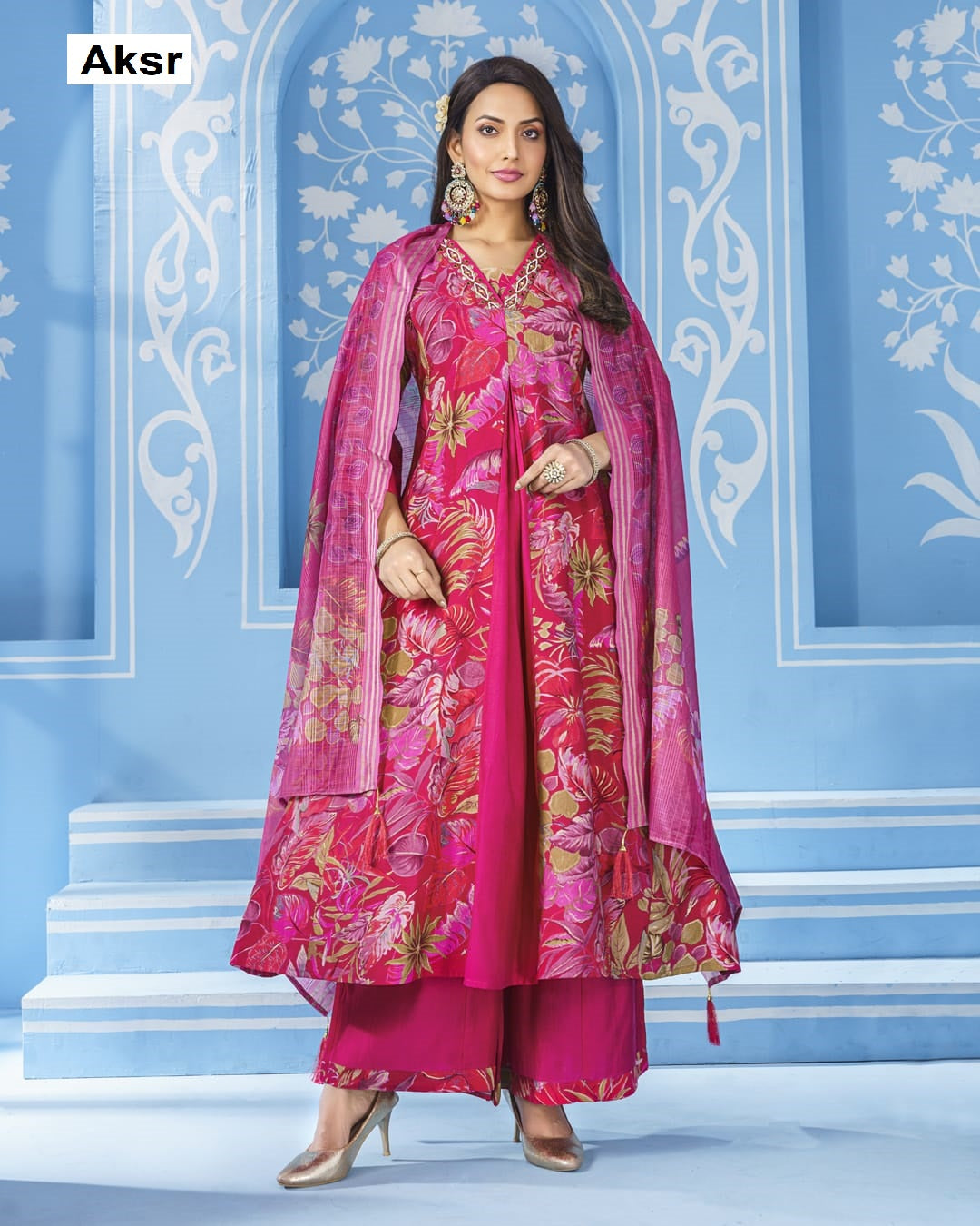 V Neck Lace Aksr Vatican Silk Readymade Plazzo Style Suits Exporter India