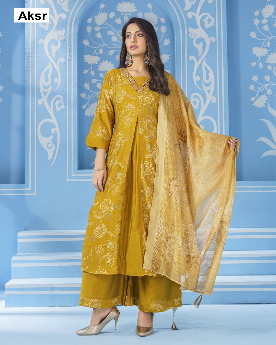 V Neck Lace Aksr Vatican Silk Readymade Plazzo Style Suits Exporter India