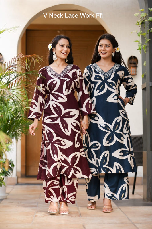 V Neck Lace Work Ffi Rayon Co Ord Set Manufacturer Ahmedabad