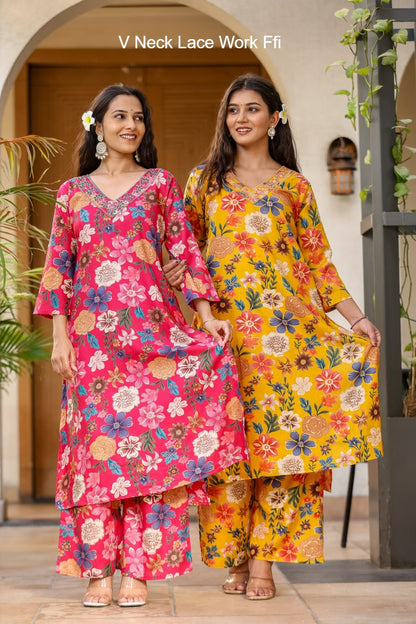 V Neck Lace Work Ffi Rayon Co Ord Set Manufacturer Ahmedabad