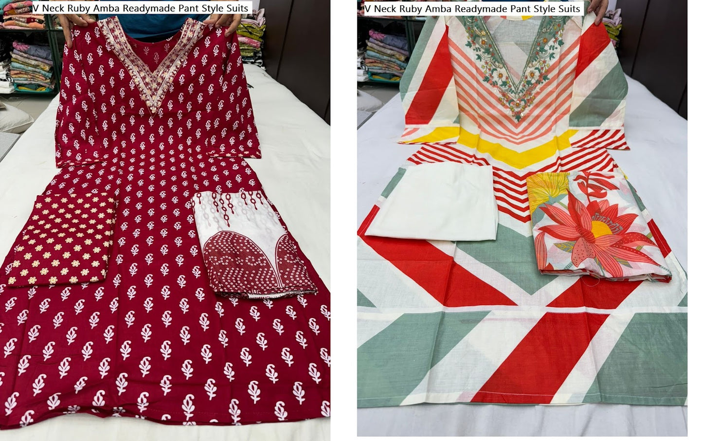 V Neck Ruby Amba Readymade Pant Style Suits Wholesale Price