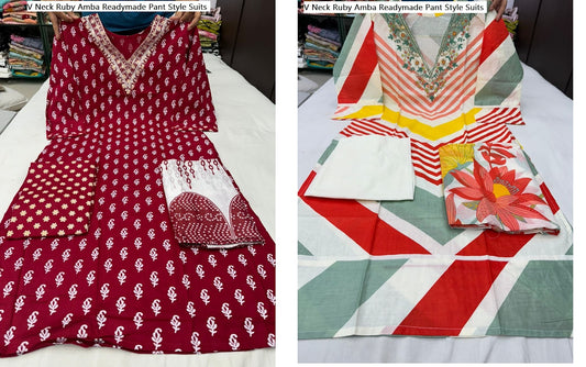 V Neck Ruby Amba Readymade Pant Style Suits Wholesale Price