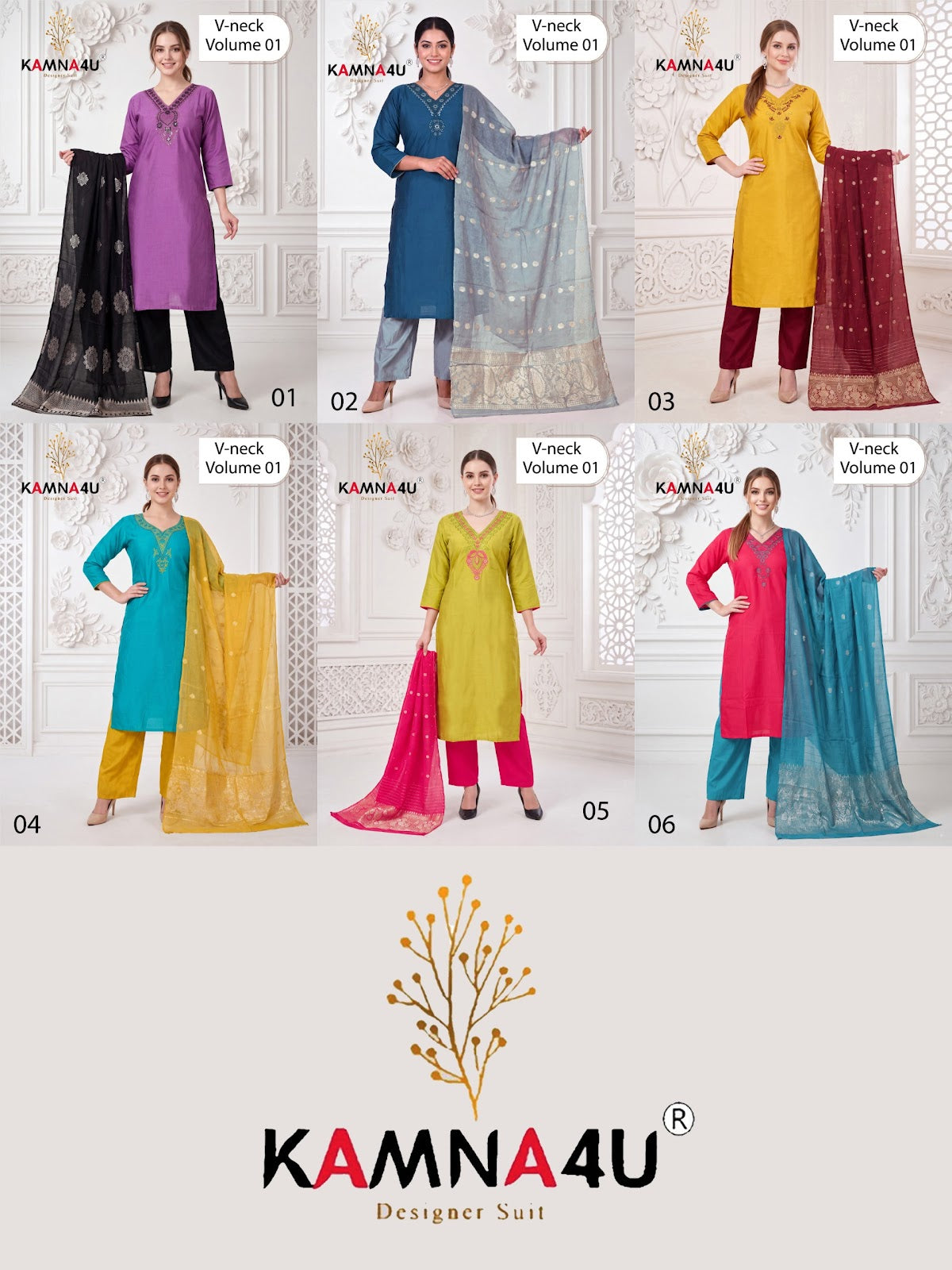 V Neck Vol 1 Kamna4U Roman Readymade Pant Style Suits Wholesaler Gujarat