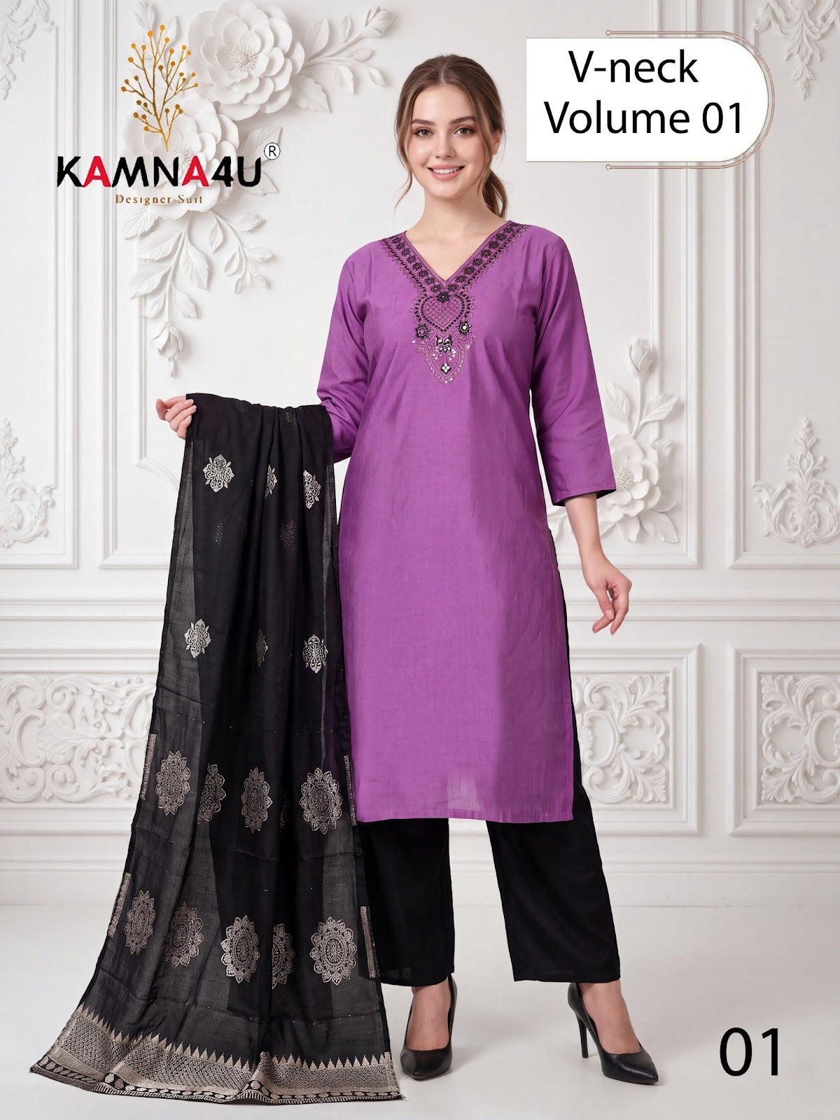 V Neck Vol 1 Kamna4U Roman Readymade Pant Style Suits Wholesaler Gujarat