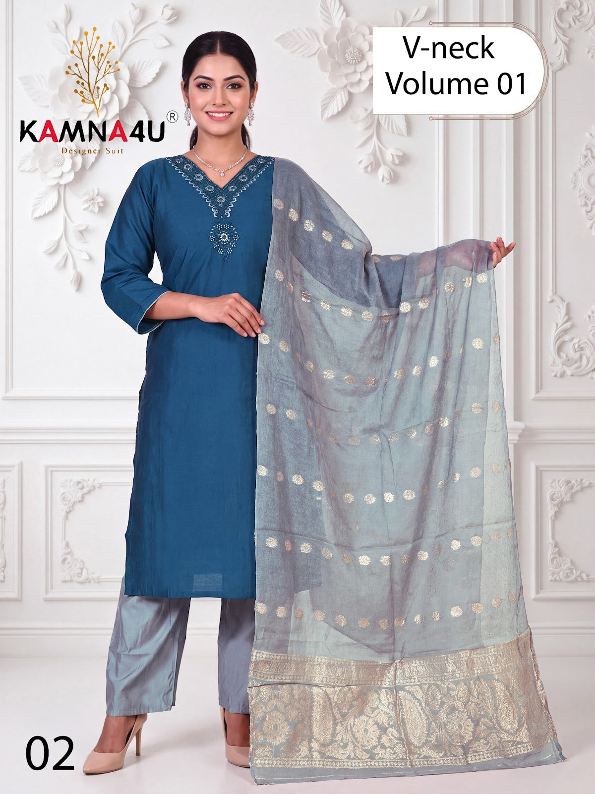 V Neck Vol 1 Kamna4U Roman Readymade Pant Style Suits Wholesaler Gujarat