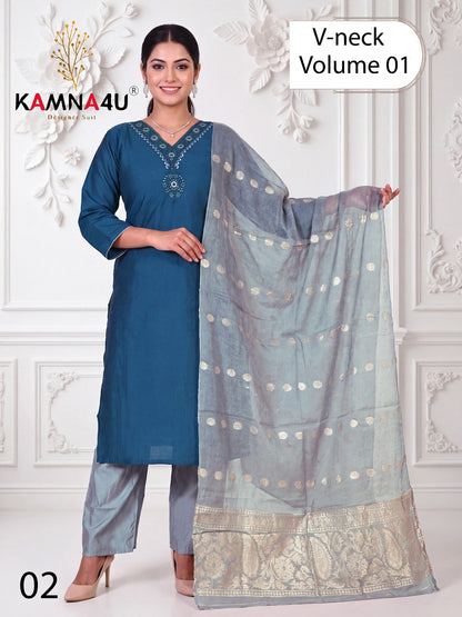 V Neck Vol 1 Kamna4U Roman Readymade Pant Style Suits Wholesaler Gujarat
