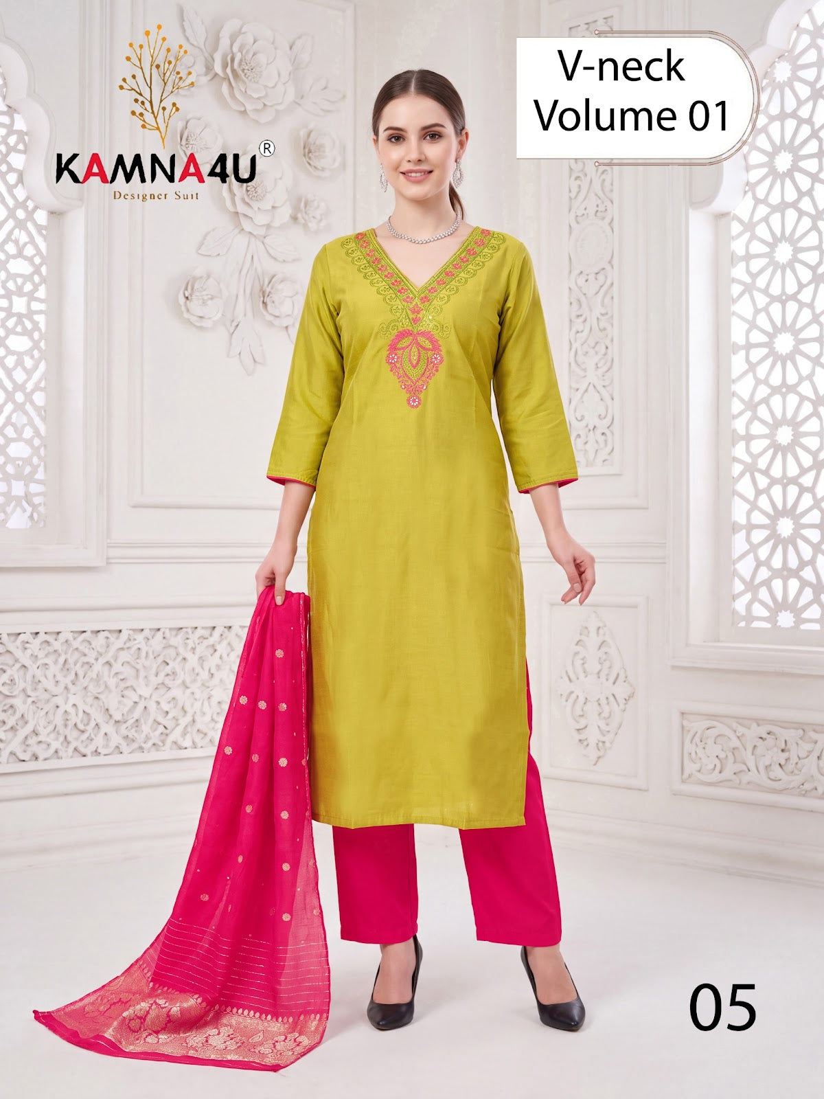 V Neck Vol 1 Kamna4U Roman Readymade Pant Style Suits Wholesaler Gujarat