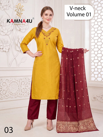 V Neck Vol 1 Kamna4U Roman Readymade Pant Style Suits Wholesaler Gujarat
