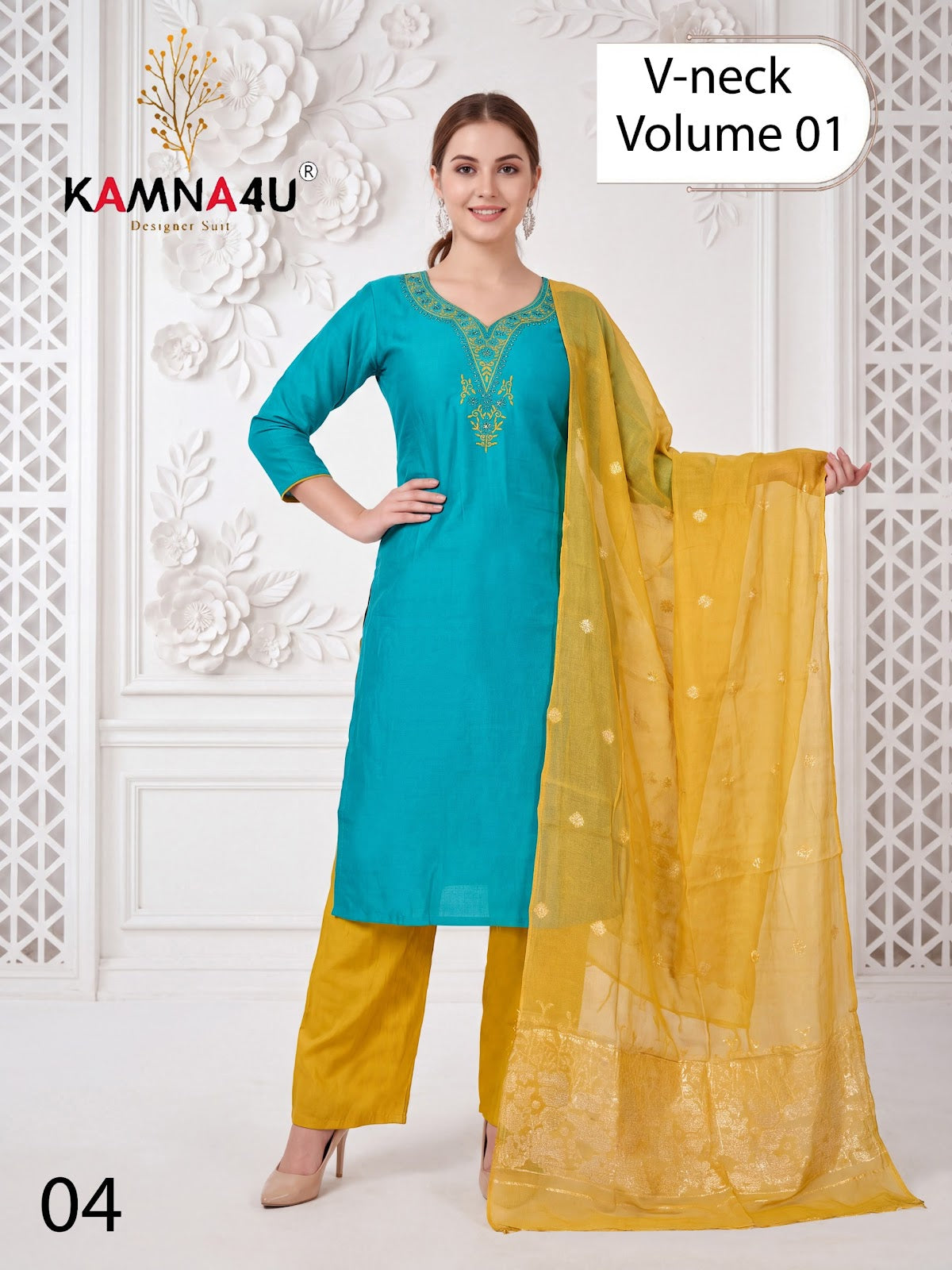 V Neck Vol 1 Kamna4U Roman Readymade Pant Style Suits Wholesaler Gujarat