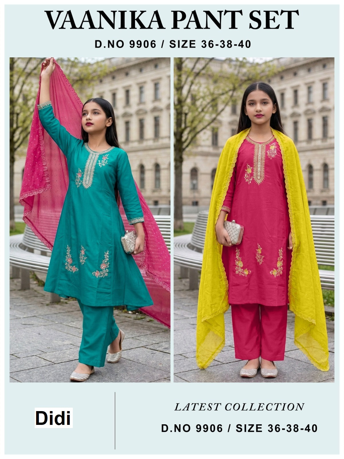 Vaanika Dn 9906 Didi Vichitra Silk Girls Readymade Pant Suits Exporter